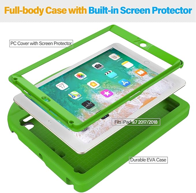 SUPLIK Kids Case for iPad 5th/6th Generation(9.7 inch, 2017/2018), iPad Air 2/1 & Pro 9.7 Kids Case with Screen Protector, Durable Protective Cover with Handle Stand for Apple iPad 5/6 Gen, Green