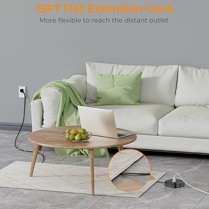 TESSAN Surge Protector Power Strip, 15 Ft Flat Plug Extension Cord with 3 USB (1 USB C) 8 Outlets, 1250W, 900J Protection, 3 Sided Outlet Extender with Power Switch for Office, Dorm Room, Black