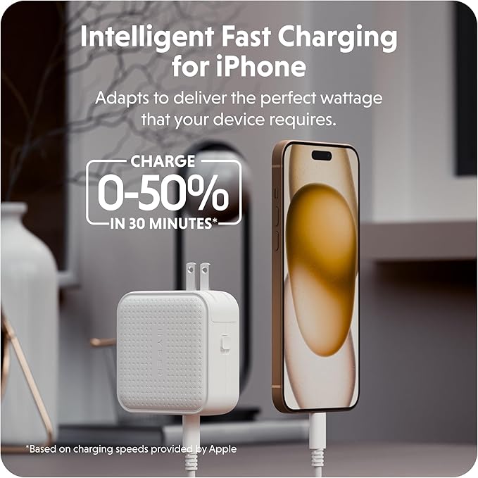 HyperJuice® 70W GaN Safety Tested Travel Charger - Tri-Port GaN Charger for iPhone, iPad, MacBook, Smartphone, & Laptop - Compact Type C Charger Fast Charging Phone Charger for 3 Devices (White)