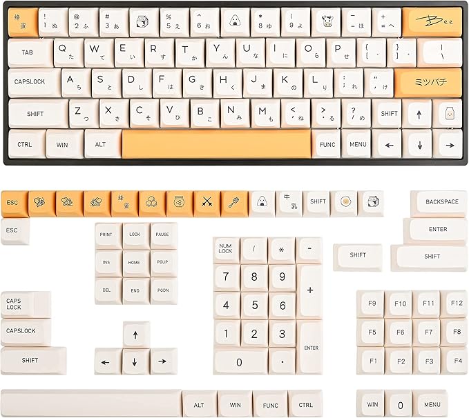 GTSP XDA Honey Milk Keycaps PBT Japanese Bee keycap 140-Key Set for Cherry MX Covers Fullsize 60% 65% 75% Keyboard（XDA/Honey Milk）