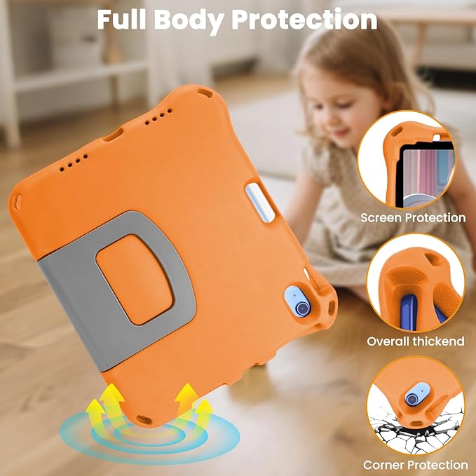 Kids Case for New iPad 11th Gen (A16) 11-inch 2025 & 10th Generation 10.9" 2022 & Air 11" 2025/2024&Air 5th/4th Gen & Pro 11,Durable Shockproof Cover with Pencil Holder Handle Stand.Orange