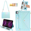 Shiny Case for iPad Pro 12.9" 6th/5th/4th Gen & iPad Air 13-inch Handbag w/Hand Strap, Techcircle Crossbody Iridescent Folio Stand Wallet Case w/Pencil Holder+Shoulder Strap, Shiny Blue