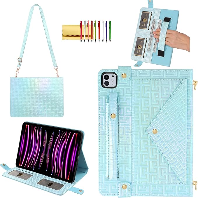 Shiny Case for iPad Pro 11" 2018-2022 / Air 10.9" 11" Handbag with Hand Strap, Techcircle Crossbody Iridescent Folio Stand Wallet Case with Pencil Holder+Card Slots+Shoulder Strap, Shiny Blue
