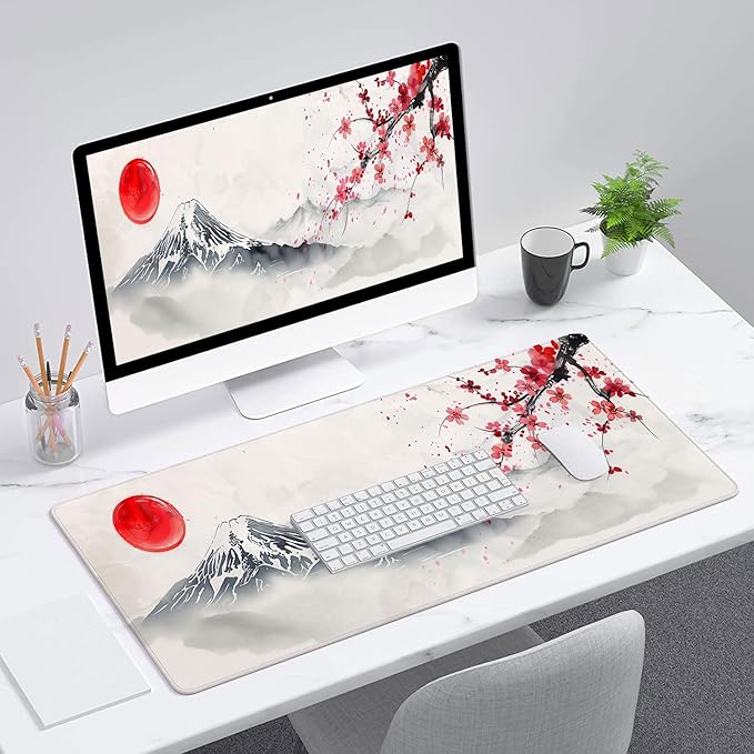 Japanese Cherry Blossom Desk Mat - Extended Gaming Mouse Pad with Stitched Edge Non-Slip Base - 31.5"x11.8" Office Computer Keyboard Laptop Home