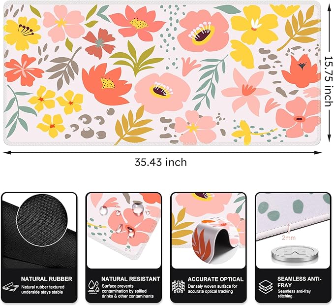 iCasso Desk Matt for Desktop, Cute Desk Pad Mat, XXL Large Mouse Pad, Anti-Slip Big Mousepad with Stitched Edges, Keyboard Pad Mouse Mat for Computer, Work, Gaming (Flowers Leaves)