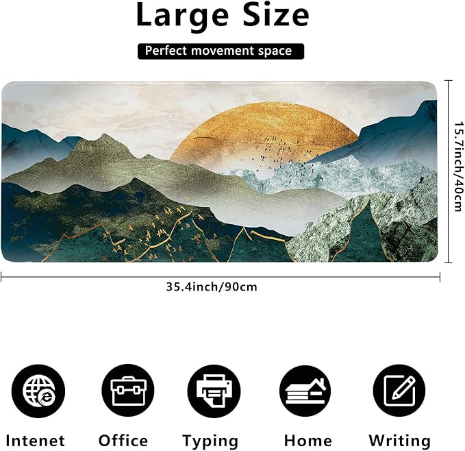 MIOAOSRT Desk Mat,The Green Golden Mountains by Sunset Extended Gaming Mouse Pad,Large Non-Slip Rubber Base Mousepad with Stitched Edges,Waterproof Mouse Mat Desk for Office Game Home 35.4x15.75 in