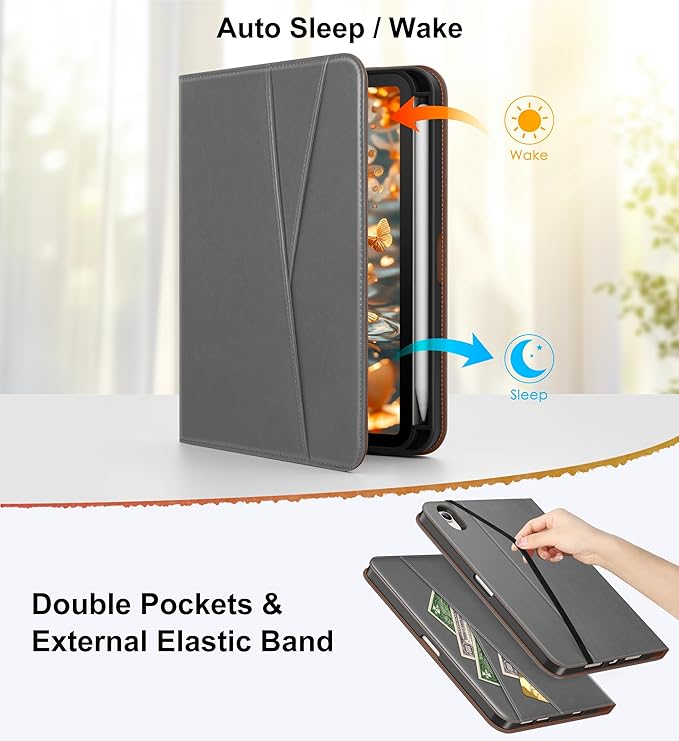 DTTO for iPad mini 7 (A17 Pro) Case, iPad mini 7th / 6th Generation Case (2024/2021), 360 Degree Rotating Premium Leather Folio Stand Cover with Pencil Holder, Grey