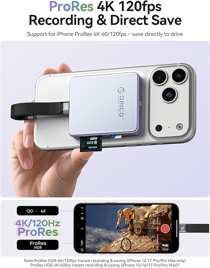 ORICO Magnetic M.2 2230/2242 NVMe SSD Enclosure for iPhone 4K ProRes Recording ith SD/TF 3.0 Card Reader PD100W Charging Port, Support for iPhone 15/16/17 Series Laptop Tablet- Diskless AP42F Blue