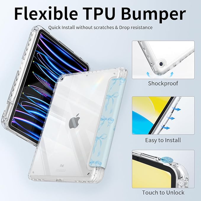 Case for iPad 10.2-inch 9th Generation (2021)/ 8th Generation (2020)/ 7th Gen (2020), Protective Slim Clear Back Cover with Pencil Holder, Trifold Sturdy Stand, Blue Bows