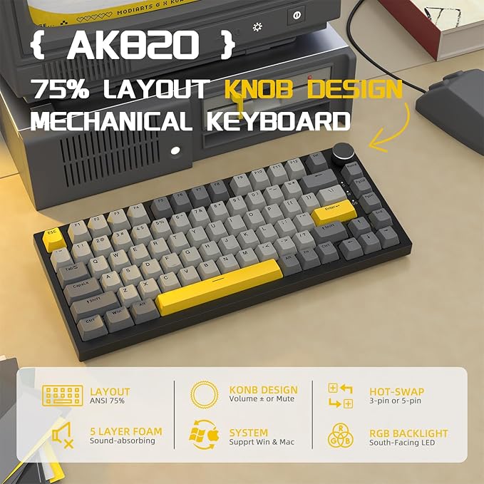 Attack Shark ajazz AK820 75% Wired Mechanical Gaming Keyboard Hot Swappable RGB Custom Keyboard Gasket Mount CNC Knob PBT Keycap Linear Moon Switch NKRO for PC/Win/Mac-Black/Grey