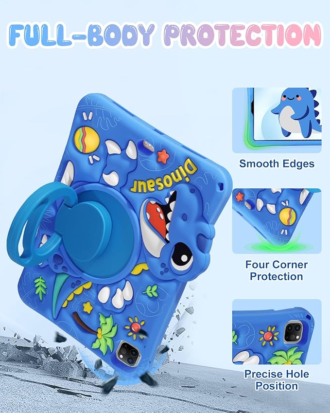 Boaretiu for iPad Air M4/M3/M2 11"/Air 4th/Air 5th Gen/for iPad Pro 11"(1/2/3/4) Case - Cute Cartoon Silicone Cover with Adjustable Shoulder Strap & Rotating Stand for Kids Boys Girls, Blue Dinosaur