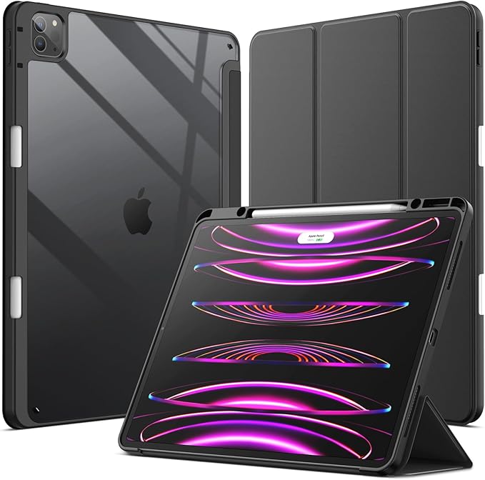 JETech Case for iPad Pro 12.9-Inch (2022/2021/2020/2018) with Pencil Holder, Clear Transparent Back Shell Slim Stand Shockproof Tablet Cover, Auto Wake/Sleep (Black)