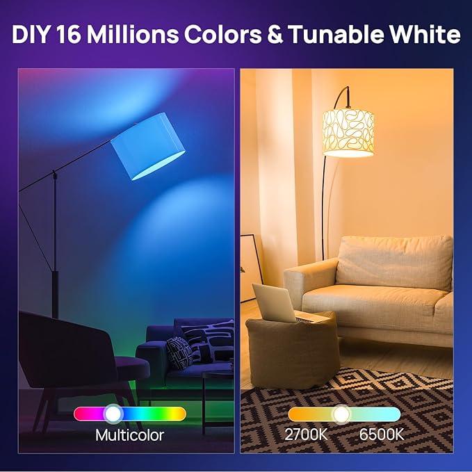 Consciot Smart LED Light, WiFi Color-Changing A19 E26 Lamp Compatible with Alexa & Google Home, 60W Equivalent, Music Sync, Dimmable, 4 Pack