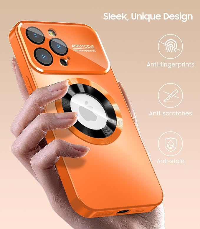 MAKAVO Magnetic for iPhone 12 Pro Max Case, Compatible with MagSafe, Built-in Camera Lens Protector, Logo View, Military Grade Drop Proof Phone Case Cover, Orange