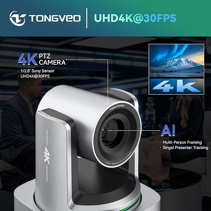 TONGVEO AI 4K PTZ Camera with Auto Tracking, 10X Optical Zoom Video Conferencing Camera, HDMI & USB 3.0 Plug and Play Webcam for Zoom, Teams, Church Worship, Live Streaming, Education