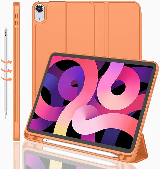 iMieet iPad Air 11 Inch Case M4/M3/M2(2026/2025/2024), iPad Air 5th/4th Generation Case 2022/2020 10.9 Inch with Pencil Holder,Trifold Stand Smart Case with Soft TPU Back(Orange)