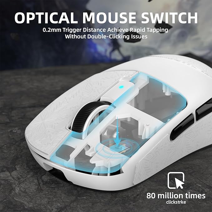 ATTACK SHARK R6 39g Superlight Wireless Gaming Mouse,PixArt PAW3950MAX 42000 DPI,MCU Nodic 52840 Computer Mouse,8K Polling Rate Web Driver,BT/2.4Ghz/Wired Tri-Mode Mice with Coiled Cable-White&Tape