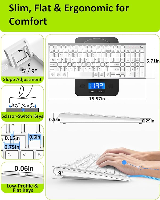 FENIFOX Wireless Silent Keyboard, Ultra Quiet USB C Low Profile Compact Full Size with Number Pad Flat Slim Thin Soft Touch for Mac Computer MacBook iMac PC Laptop Desktop Office (White and Silver)