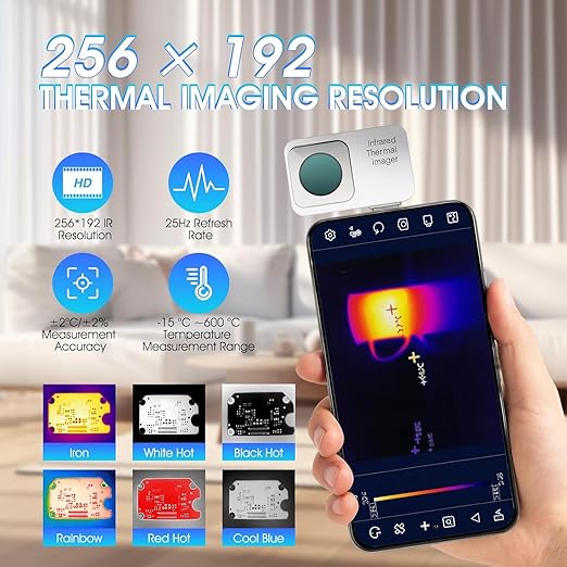 Thermal Camera for Android, 256 x 192 IR Resolution Thermal Imager 25Hz Rate -15℃ to 600℃ Temp Range Optimized Temperature Accuracy, Works for Smartphones and Tablets (not for iOS)