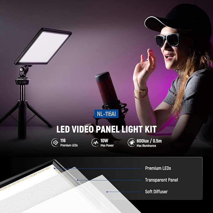 NEEWER 9" LED Video Light Panel, Dimmable DSLR Camera Soft Lighting with Mini Desk Tripod Stand, USB Type C Ports, 3200K~5600K CRI95+ for Studio Photography Video Recording Live Streaming, NL-116AI