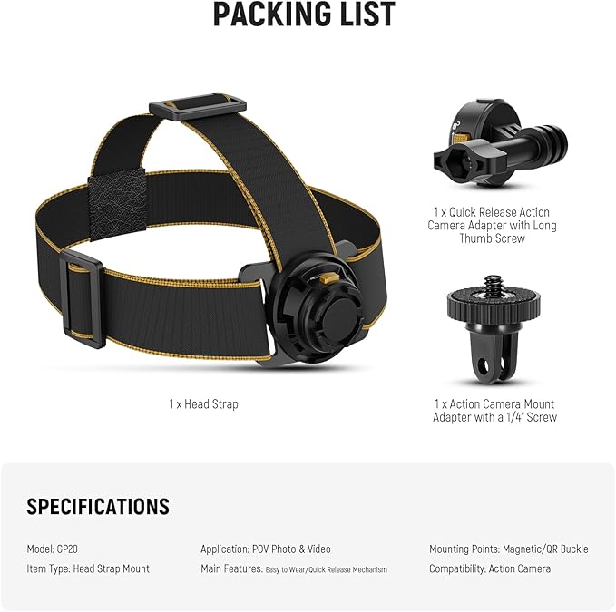 NEEWER Head Strap Mount for Action Camera, Magnetic Quick Release Head Mounted Head Belt Mount Compatible with GoPro Hero 13 12 11 10 9 8 DJI Osmo Insta360 for POV Video Vlog Live, GP20