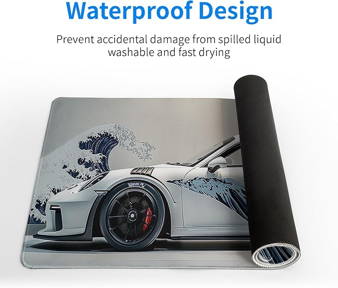 White Ukiyo-e Style Sports Car Large Gaming Mouse Pad Desktop Mat 31.5x11.8 Inch - Non-Slip Rubber Base - for Gamers - Perfect for Gamers & PC Enthusiasts