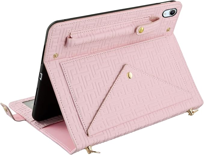 Handbag Case for iPad 11th Gen A16 2025/10th Gen 2022 10.9-inch, Techcircle Elegant Crossbody Folio Stand Wallet Case with Pencil Holder, Card Slots, Hand Strap, Shoulder Strap, Baby Pink