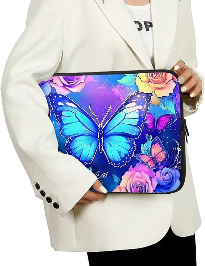 Butterfly Computer Sleeve for Women Laptop Sleeve 13inch Neoprene Lap Top Case with Padded Compartment Computer Carrying Case Purple Rose Laptop Sleeve Bag