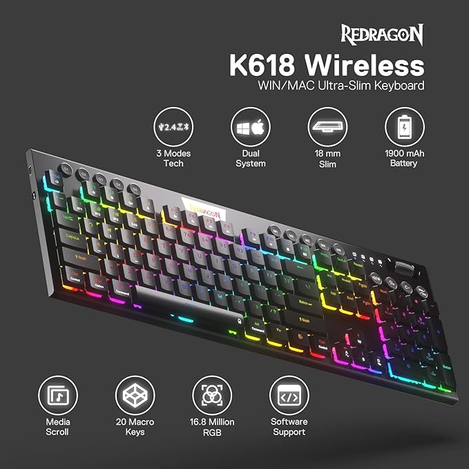 Redragon K618 PRO 3-Mode Wireless RGB Mechanical Keyboard, BT/2.4Ghz/Wired Low Profile Win/Mac Gaming Keyboard w/Ultra-Thin Design, Dedicated Media Control & Tactile Brown Switch
