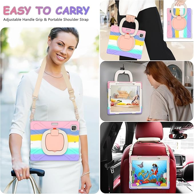 SCSVPN Kids Case for iPad Air 13 inch M4/M3/M2 2026 2025 2024 & iPad Pro 12.9'' 6th/5th/4th/3rd Gen 2022 2021 2020 2018, Protective Cover with Pencil Holder-Stand-Handle-Shoulder Strap, Colorful Pink