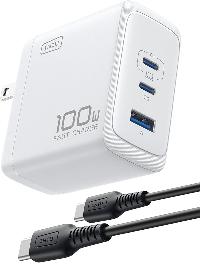 INIU USB C Charger Block, 100W GaN Fast Charging, 3-Port Compact Foldable Travel Laptop Charger with Type C Cable, Power Adapter for Mac Book Air Pro 15 14, iPhone 17 16 Pro Max Samsung S26 S25 Ultra