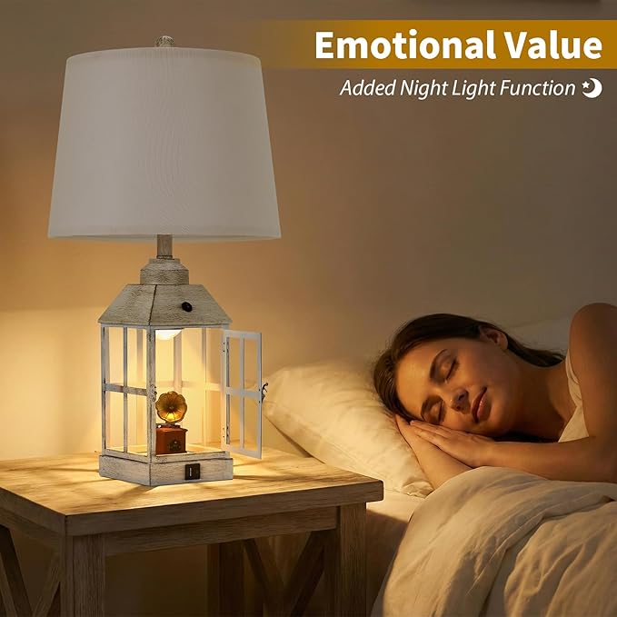 25" Farmhouse Table Lamp for Living Room, Table Lamps Set of 2 with USB Port and Nightlight, Rustic Table Lamp for Bedroom, Bedside Lamp for Nightstand, End Table, Home, LED Bulbs Included (White)