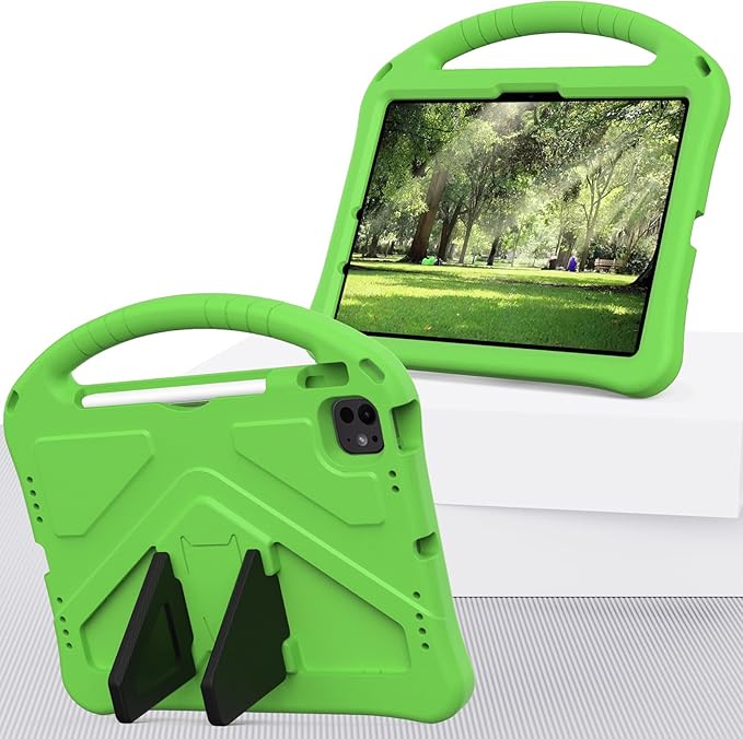 Kids Case for iPad Pro 11-inch (M5) 2025/(M4) 2024, Air 11" 2026 M4/M3/M2 Case with Pencil Holder, Techcircle Lightweight Shockproof EVA Foam Handle Stand Anti-Slip Grip Rugged Cover, Green