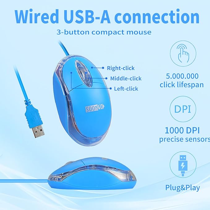 SOONGO Kids Mouse for Laptop USB Ergonomic Optical Mouse Blue Color 1.5M Cable