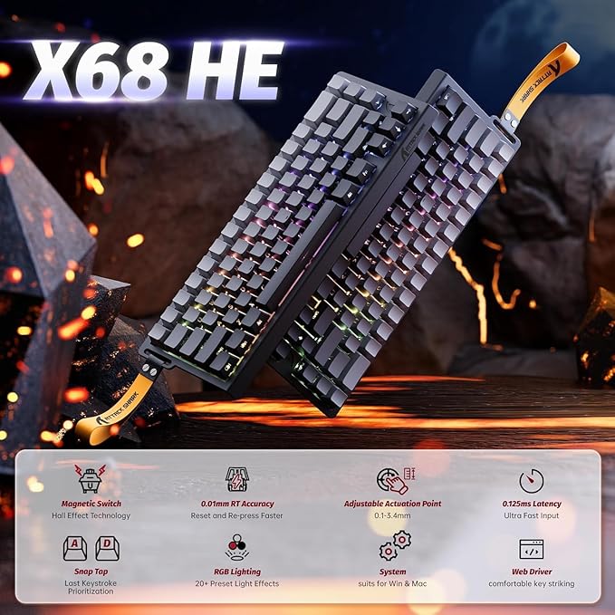 ATTACK SHARK X68 HE Wired Rapid Trigger Mechanical Gaming Keyboard and R1 Mouse with Adjustable Actuation,Coiled Cable,USB C/2.4Ghz Wireless/BT Ultralight 18K DPI Mice for Esport PC Gamer(Moonlight)