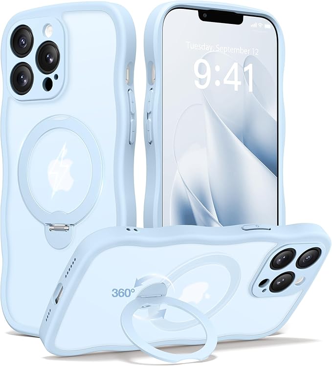 CAPRARO for iPhone 13 Pro Max Case with 360° Spin Magnetic Stand for Women, [Compatible with MagSafe] [Full Camera Protection] Cute Wave Translucent Matte Case for iPhone 13 Pro Max, Light Blue