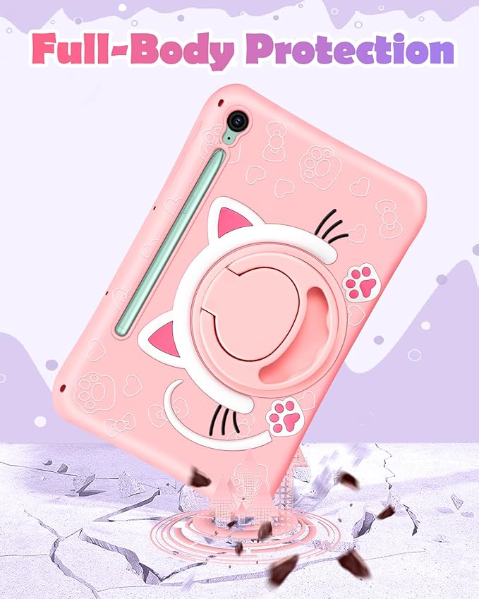 Wazzasoft for Galaxy Tab S10 FE/S9 FE Case 10.9 Inch - Girls Cute Cat Kitten 3D Cartoon Women Soft Silicone Tablet Cover for Samsung Galaxy S9 FE with Rotating Stand & Strap Funda para Tab S10 FE 5G