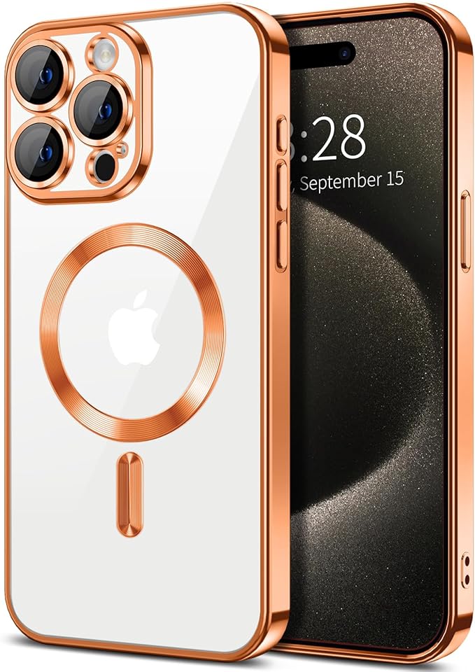 Hython Magnetic Clear for iPhone 15 Pro Max Case with Camera Lens Protector [Compatible with MagSafe] Plating Edge Slim Soft TPU Cover Protective Phone Case for iPhone 15 Pro Max 6.7", Orange