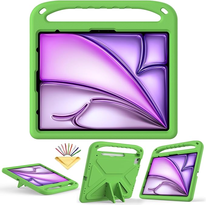 Kids Case for iPad Air 13 inch M4/M3/M2 (2026/2025/2024) & iPad Pro 13 inch M5/M4 (2025/2024) & iPad Pro 12.9 inch Case 6th/5th/4th/3rd Generation with Pencil Holder/Handle Stand Cover, Green