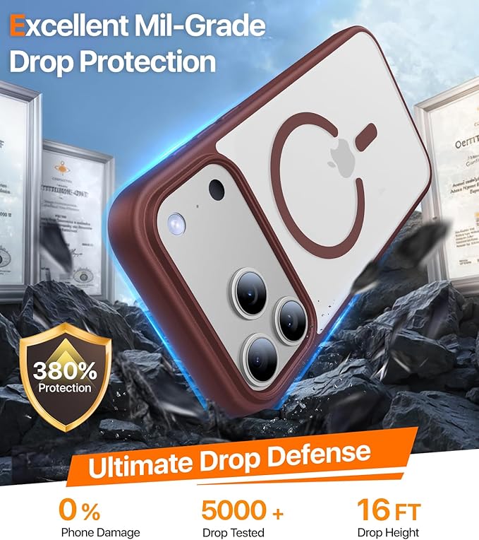 Magnetic for iPhone 17 Pro Case,[Anti-Slip][Compatible with MagSafe][Military Grade Drop Protection] Shockproof Protective Translucent Matte Phone Case for iPhone 17 Pro Case,Wine Red