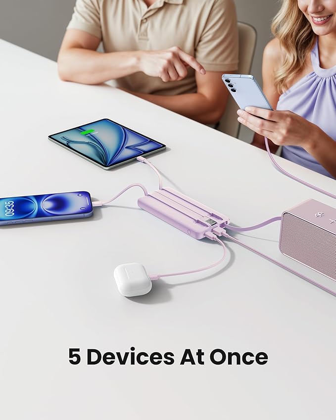 Portable Charger with Built-in Cable, 10000mAh Slim USB C Power Bank, External Battery Pack 5 Outputs 2 Inputs LED Display Compatible with iPhone/Android & More (Lavender)