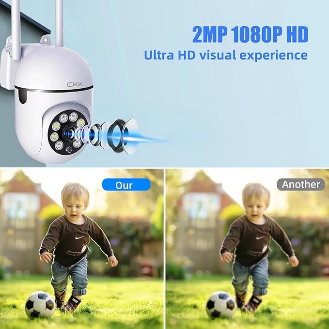CKK 1080P Security Camera Outdoor Corded Power, 2MP PTZ WiFi Home Camera (2.4G/5G Dual-Band), 360° Pan/Tilt, Color Night Vision, Motion Alerts, 2-Way Audio, Compatible with Alexa, SD/Cloud Storage