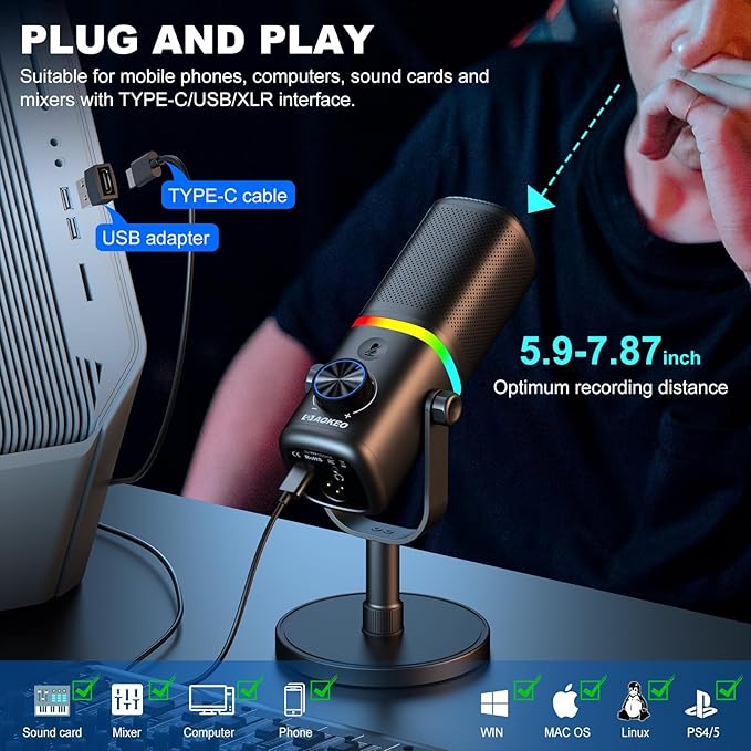 Aokeo Microphone for PC, AK-10 USB/XLR Dynamic Desktop Microphone for Gaming,Podcast,Streaming with RGB Light,Volume Control,Mute Button,Noise Reduction