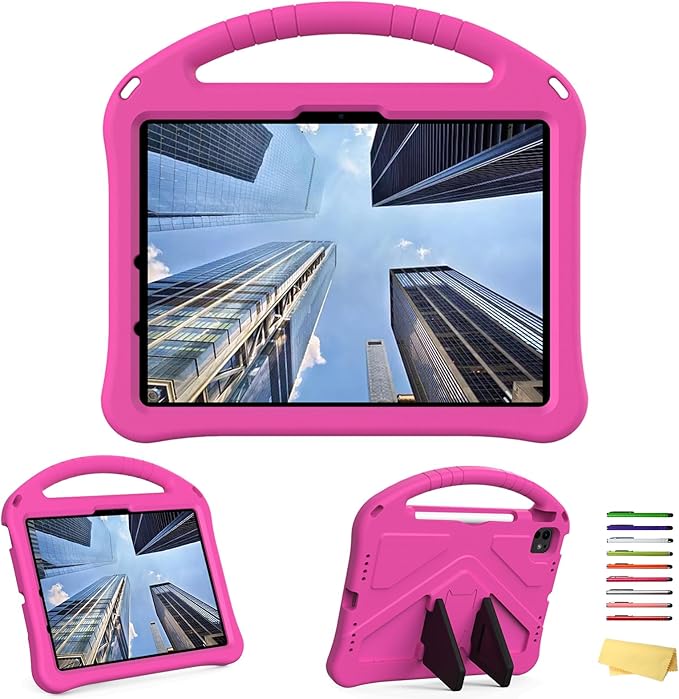Kids Case for iPad Pro 11 inch M5/M4 (2025/2024) with Kickstand/Pencil Holder/Handle Stand Lightweight Soft EVA Foam Shockproof Heavy Duty Rugged Protection Kids Girls Boys Cover, Rose