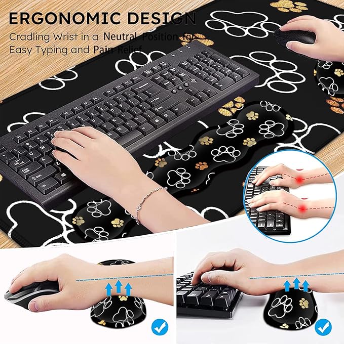 Gaming Mouse Pad XXL Large Desk Mat Non-Slip Rubber Mice Pads Stitched Edges(31.5x11.8 in) Ergonomic Premium Memory Foam Keyboard Wrist Rest and Cute Dog Paw Prints Extended Black Mouse Pad Set