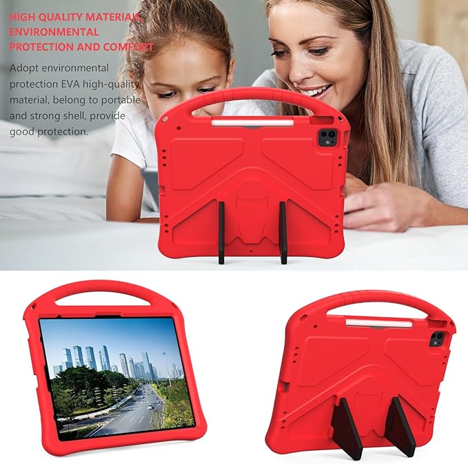 YRH Kids Case for iPad Air 13-in. M4/M3/M2 (2026/2025/2024), for iPad Pro 13-in. M5/M4 (2026/2024), with Strap Handle Stand, Red