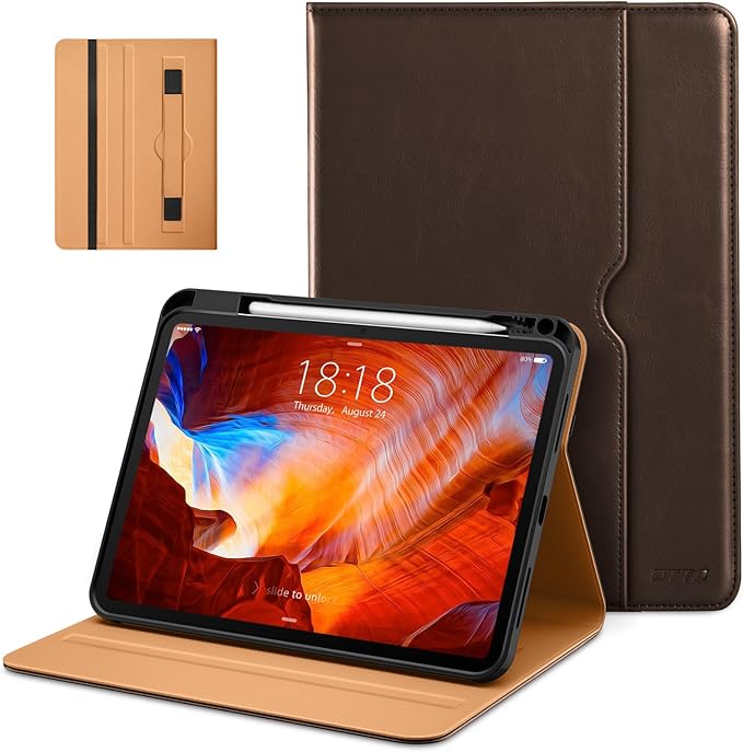 DTTO for iPad Pro 11 inch Case (M5/M4) 2025/2024, Premium Leather Business Folio Stand Cover with Pencil Holder - Auto Wake/Sleep and Multiple Viewing Angles, Dark Brown