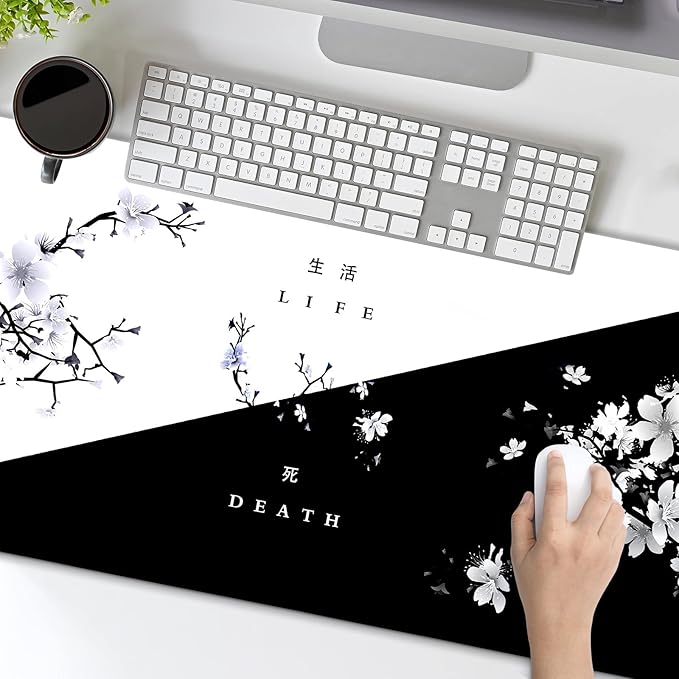 Black White Cherry Blossom Mouse Pad Japanese Sakura Death Life Flower Extended Desk Mat 90X40 CM Non-Slip Rubber Base Stitched Edge Large xxl Playmat for Gaming Laptop Computer Desktop 35.4×15.7 Inch