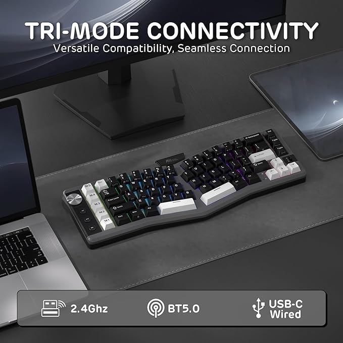 RK ROYAL KLUDGE A72 Alice Ergonomic Wireless Mechanical Keyboard w/Knob/Macro Keys/Touchable Nameplate, Tri-Mode 68% 72-Key Gasket Keyboard BT/2.4G/USB-C, Hot Swap, Win/Mac Software, 7500mAh Battery