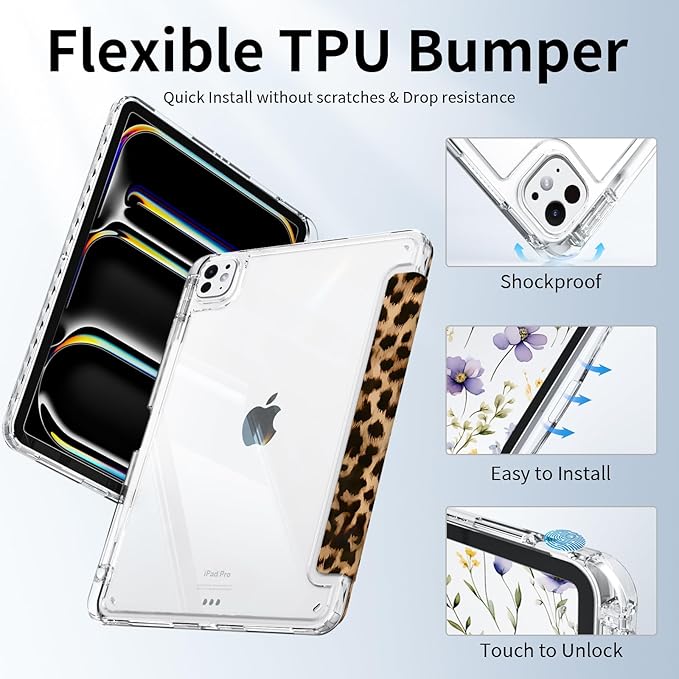 for iPad Air 13 Inch Case 2026/2025/2024 (M4/M3/M2), Slim iPad Pro 12.9" 6th/5th/4th/3rd Generation Case, Trifold Stable Stand Protective Clear Back Cover with Pencil Holder, Brown Cheetah
